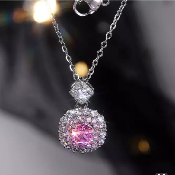 Sterling Silver Pink Lab Created Sapphire/Diamond Halo Pendant ONLY - Picture 3 of 3
